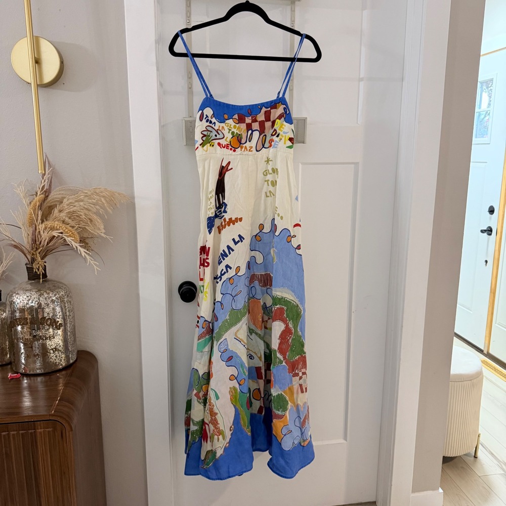 Alemais Nadia Sundress Multi Print Linen Midi Dress US 8 Resort Maximalist